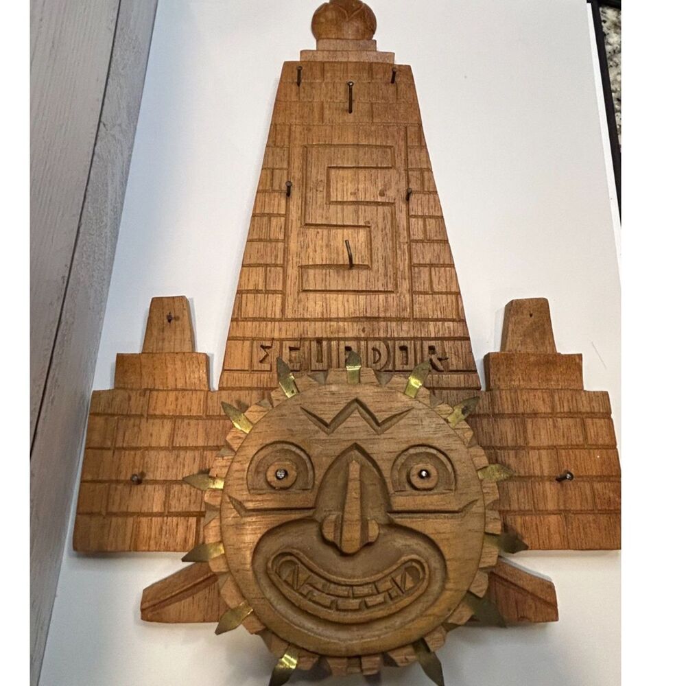 Ecuador Carved Wood Wall Hanging Key Jewelry Holder Andean Folk Art 15x10in